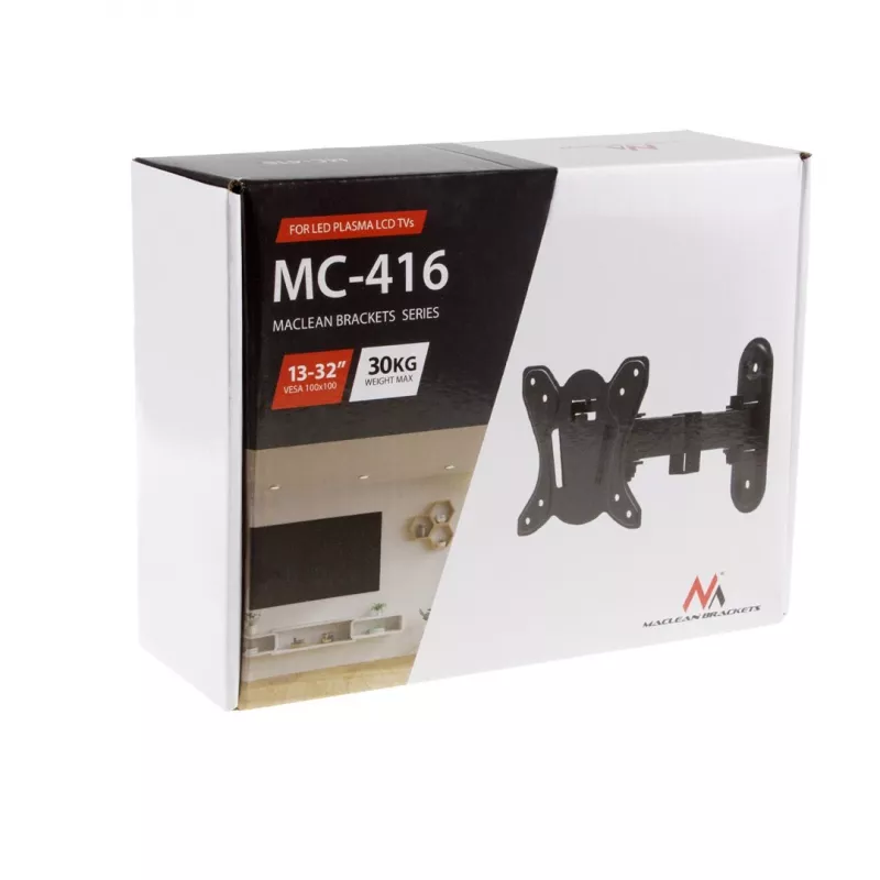Maclean MC-416 TV Monitor Wall Mount 13-32 30kg Tilt Rotate max. VESA 100x100 Black Powder Coating LED OLED LCD Universal Bracket Holder