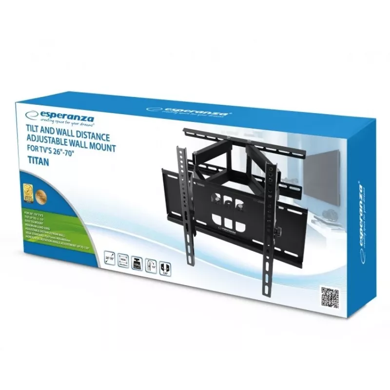 Wall TV mount Esperanza TITAN for 26–70 inch (66–177.8 cm), tilt ±15°, swivel 120°, VESA up to 400×400, max load 55 kg, black