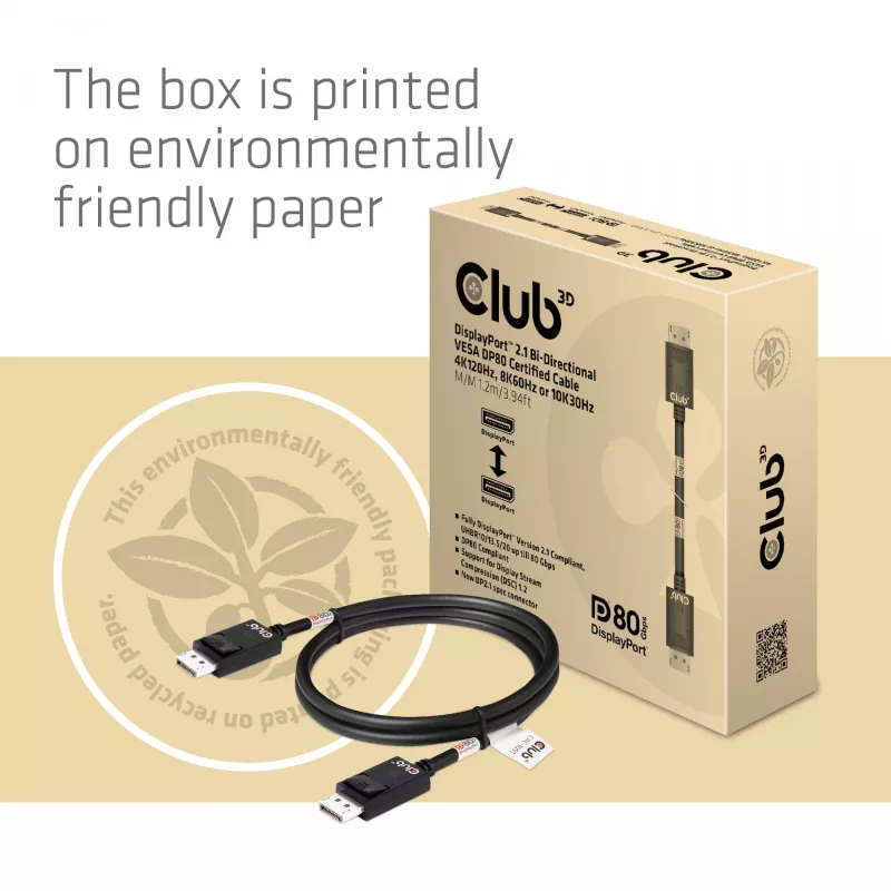 CLUB3D DisplayPort 2.1 Bi-Directional VESA DP80 Certified Cable 4K240Hz, 8K60Hz or 10K30Hz M/M 1.2m/3.94ft