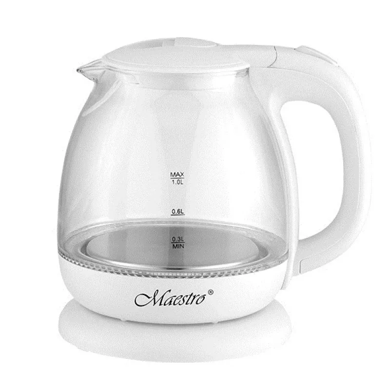 Electric kettle Maestro MR-055 White — 1 L, 1100 W, glass housing, backlight, water level indicator