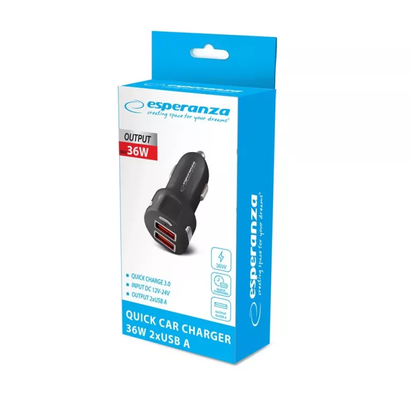 Car charger ESPERANZA EZ110 Black — 12–24V input, 2× USB-A 2.1A, Quick Charge 3.0, 36W