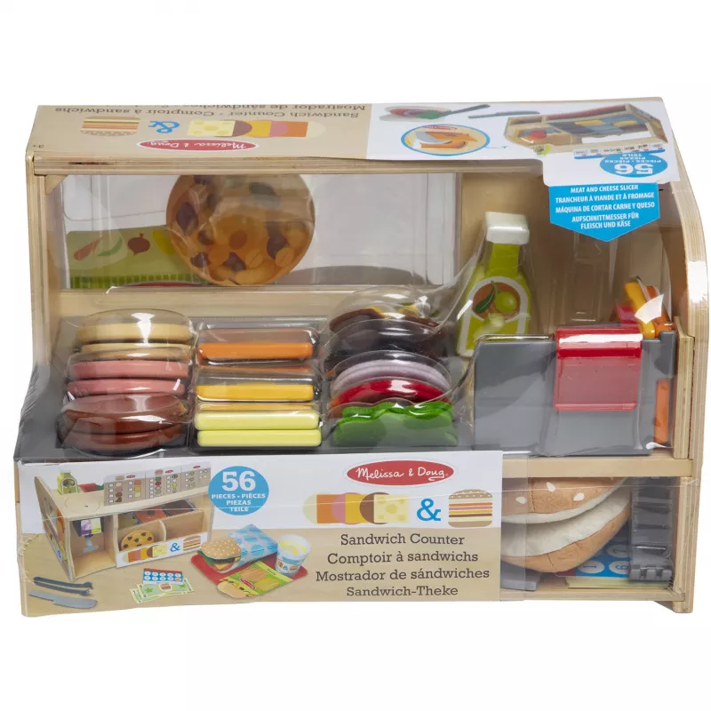 Melissa & Doug Wooden Slice & Stack Sandwich Counter with Deli Slicer – 56-Piece Pretend Play Food Pieces - FSC Certified