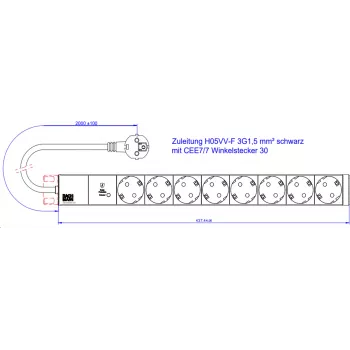Power strip Bachmann 800.3936 19Z 1HE with 8× CEE 7/3 sockets