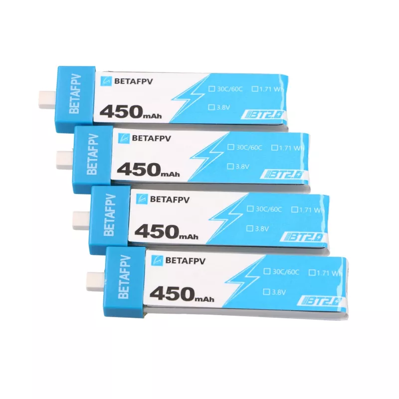 1S BetaFPV BT2.0 Drone Battery Pack 450mAh 4-Pack, 3.8V
