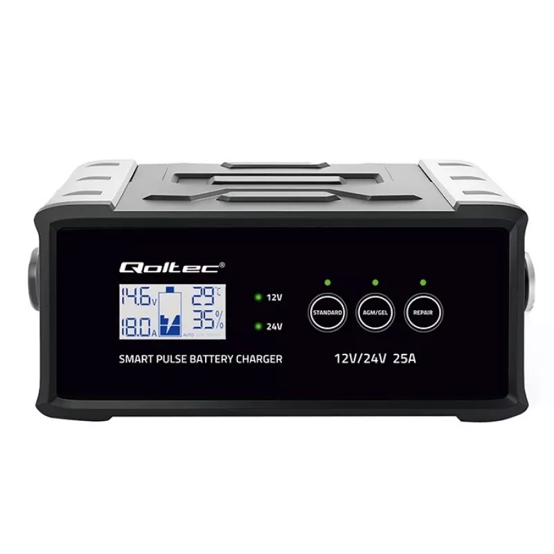 Battery charger QOLTEC 52514 — 12V/24V, 25A, for AGM/GEL/SLA batteries with LCD display