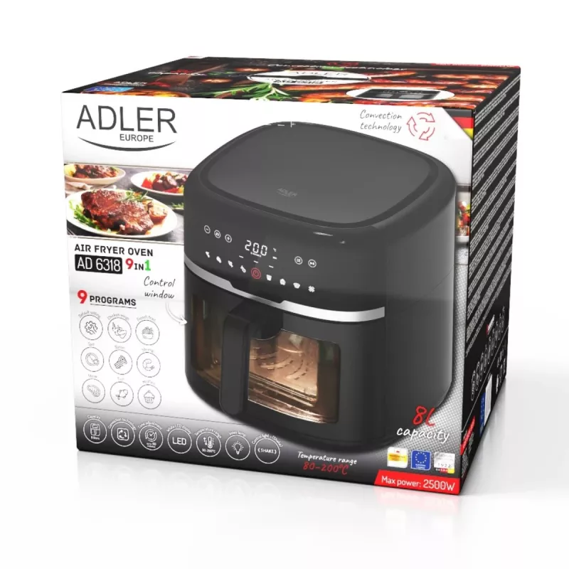 Adler AD 6318 Air Fryer, 8 L, 2500 W, LCD display, 9 programs, Black
