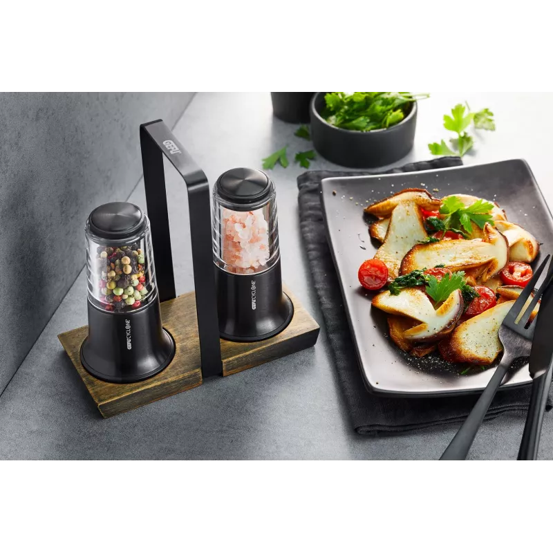 Salt and Pepper Mill Set GEFU X-plosion 11 cm Black — manual tabletop grinders, ceramic mechanism
