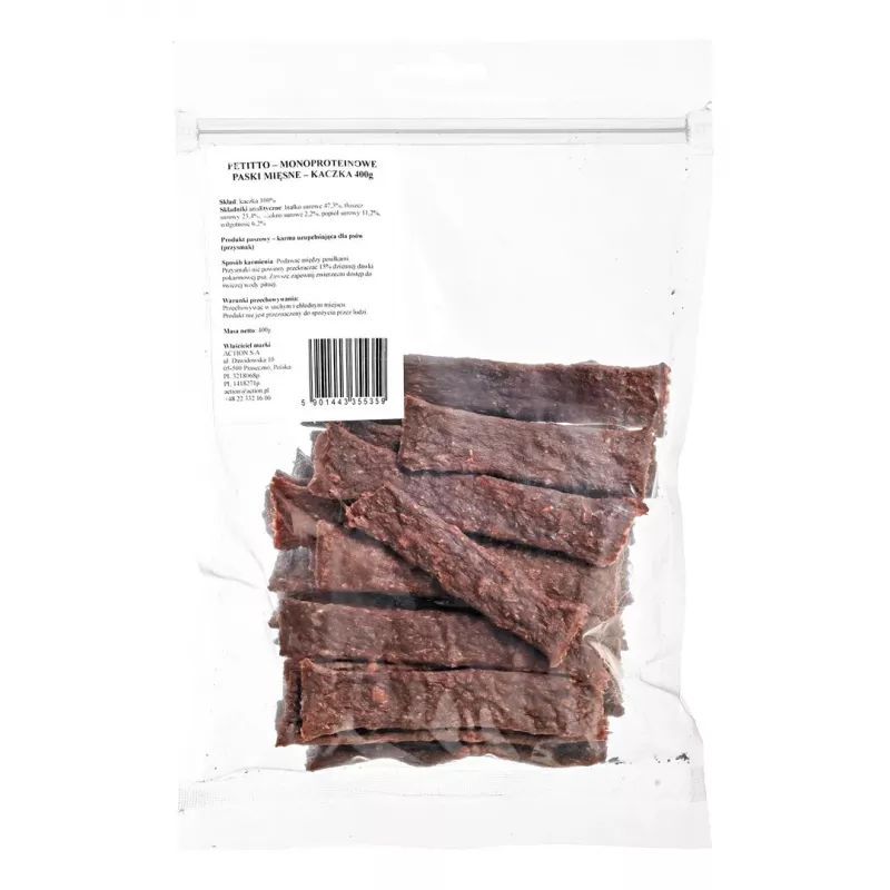 Treat PETITTO Monoprotein Meat Strips Duck 400 g — single-protein training snack for dogs, protein 47.3%, fat 23.4%