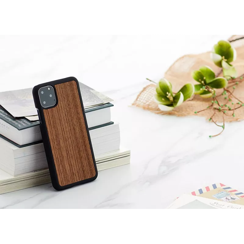 Smartphone case man and wood for iPhone 11 Pro Max — black walnut, wooden back, protective frame
