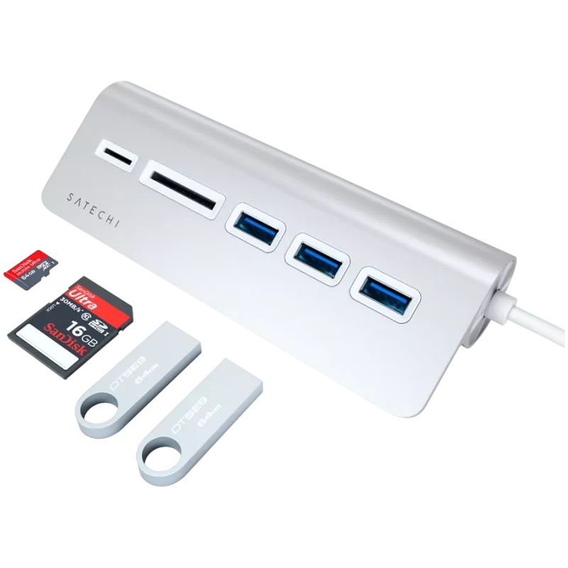 Satechi Type-C Aluminium USB Hub & Card Reader, Silver, ST-TCHCRS