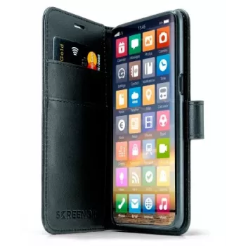 Wallet case SCREENOR for iPhone 15 Plus (6.7 inch / 17 cm) Black, faux leather & TPU, desktop stand, 3 card pockets