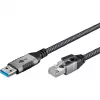 Ethernet-Cable USB-A 3.2 Gen1 Plug > RJ-45 Plug, LAN-Adapter black/Silver, 2 Meter, braided textile jacket