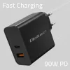 Qoltec 52381 Super Quick PD charger | 1xUSB-C | 1xUSB | 90W | 5-20V | 2.4-4.35A | Black