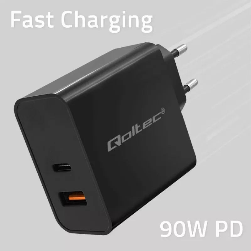 Qoltec 52381 Super Quick PD charger | 1xUSB-C | 1xUSB | 90W | 5-20V | 2.4-4.35A | Black