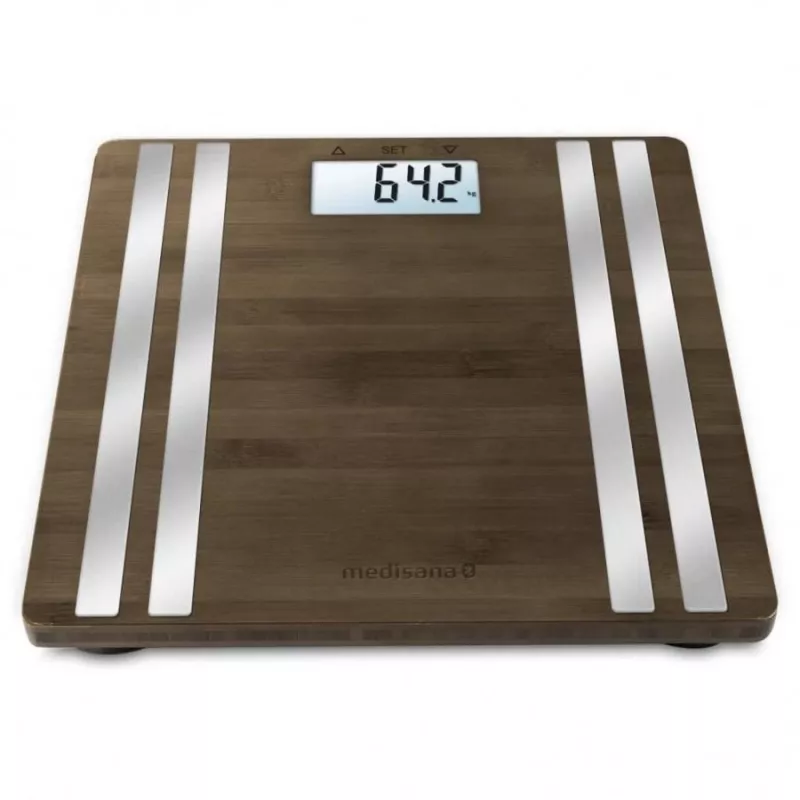Electronic personal scale Medisana BS 552 — silver bamboo top, max 180 kg, 100 g accuracy, Bluetooth, BMI, body composition