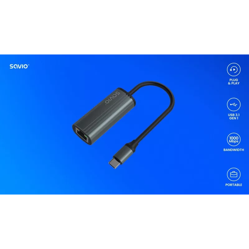 SAVIO Adapter USB-C 3.1 Gen.1 (M) to RJ-45 Gigabit Ethernet (F), 1000 Mbps, AK-56, grey