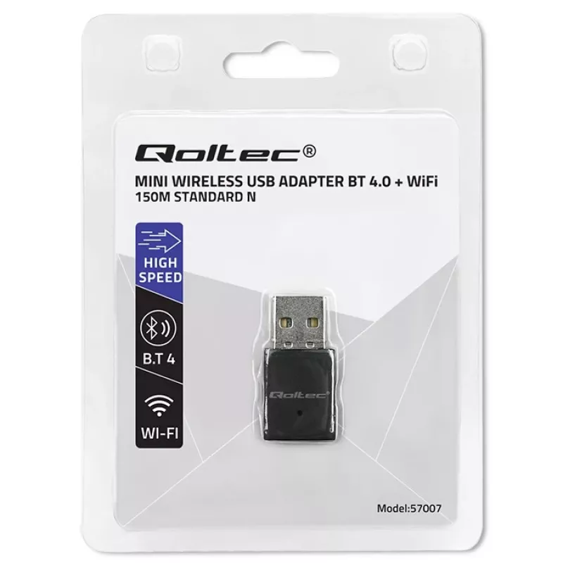 Wireless Mini USB Wi‑Fi Adapter QOLTEC 57007 — Single‑band 2.4 GHz, up to 150 Mbps, internal antenna