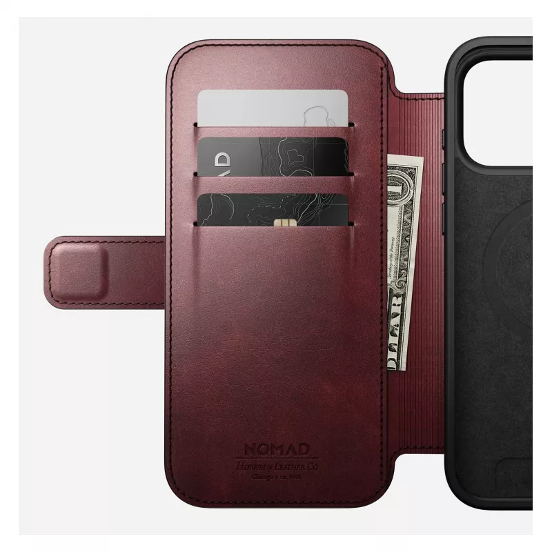 Mobile phone cover Nomad Modern Leather Folio for iPhone 17 Pro Max — leather, TPU, PC, aluminium, burgundy, 16 cm (6.3 inch)