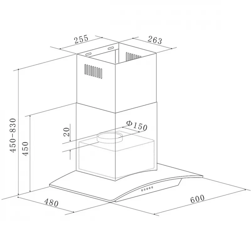 Wall-mounted kitchen hood Respekta Nova — stainless steel, extraction 307 m³/h, 150 mm duct, button controls