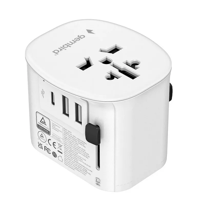 Travel adapter GEMBIRD TPA-EU2A1C15-01-W — 15W, Type E plug, 2× USB-A + 1× USB-C, 100–250V