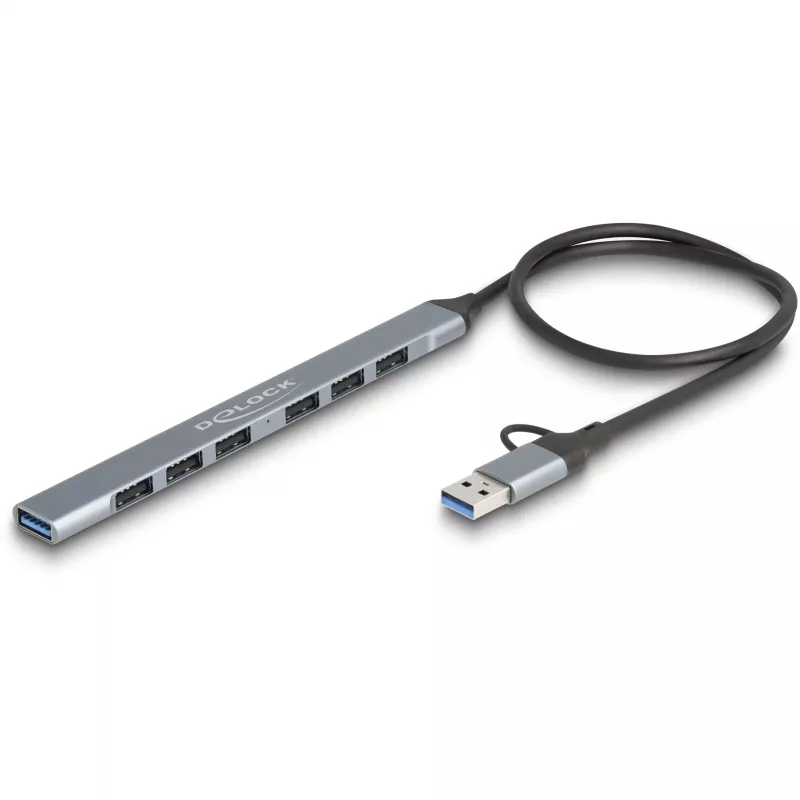 DELOCK 4 Port Slim USB Hub — USB 3.2 Gen 1 Host Type-C, 3× USB 5 Gbps Type-C + 1× USB 5 Gbps Type-A, Grey, Metal