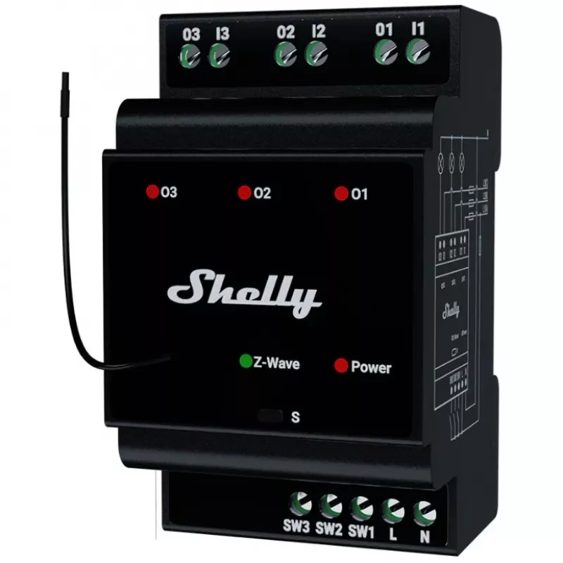 Smart relay Shelly Wave PRO 3 — black, plastic housing, 110–240 V AC, 50–60 Hz, 0.3 W, 53×59×96 mm