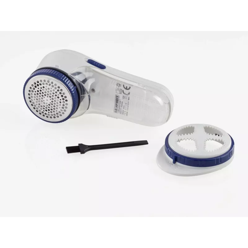 Fabric shaver Leifheit 80029 — battery-powered lint remover, 3 V, uses 2 batteries, blue/white