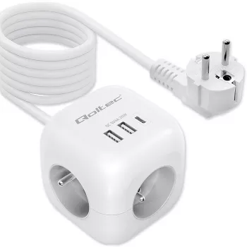 Power Cube QOLTEC 52547 power strip 3×AC sockets, 2×USB-A, 1×USB-C PD 20W