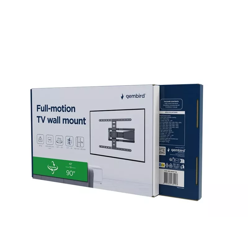 Full-motion TV wall mount GEMBIRD WM-90ST-02 for 43–90 inch screens, articulating bracket, VESA 100x200–600x400, 50 kg capacity