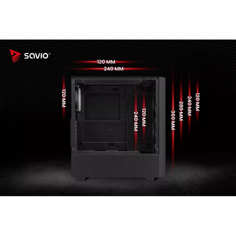 PC Case SAVIO Noctis Flow — Cube Mini‑ITX/Micro‑ATX/ATX, 3x120mm front, 1x120mm rear, 2x3.5 inch + 3x2.5 inch bays, tempered glass