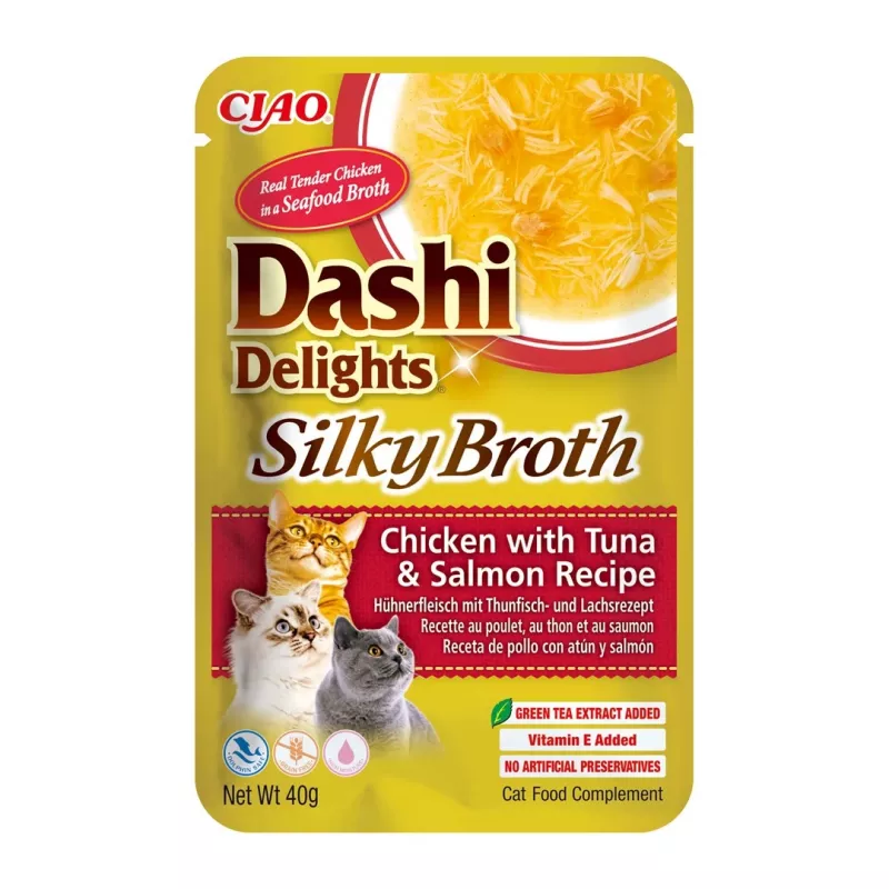 Wet cat treat INABA Dashi Delights Silky Broth — Chicken with Tuna & Salmon, 40 g sachet, 93% moisture, dietary digestive support