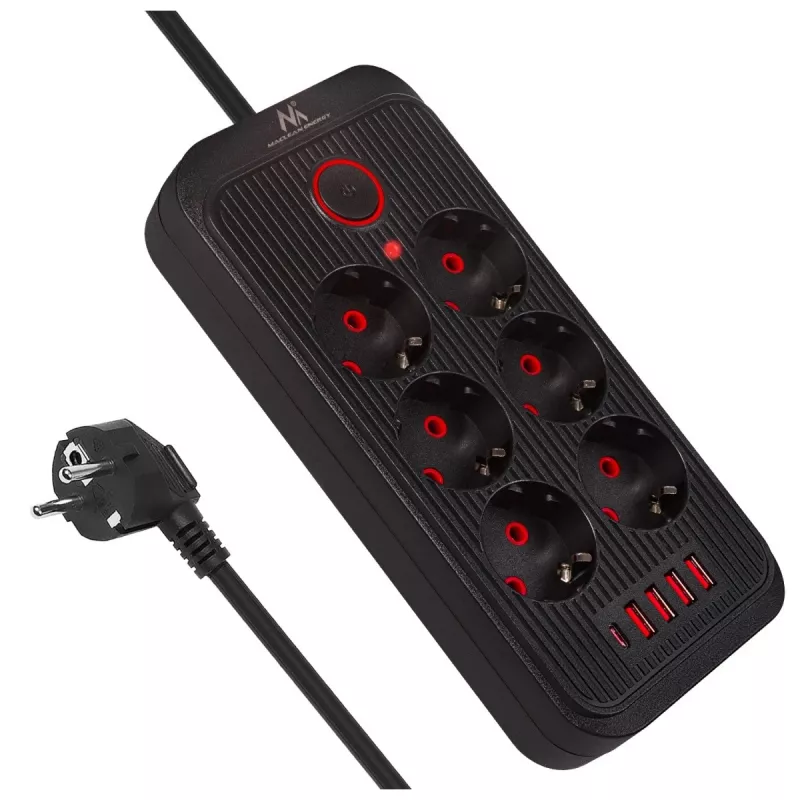 Power strip MACLEAN MCE391 B – 6 sockets, 4×USB-A + 1×USB-C, 110–240V, 2500W, 3 m cable, black