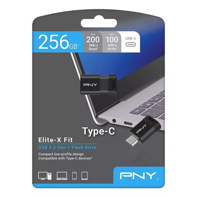 USB flash drive PNY Elite-X 256 GB USB Type-C 3.2 Gen 1 (Read 200 MB/s, Write 100 MB/s) Black