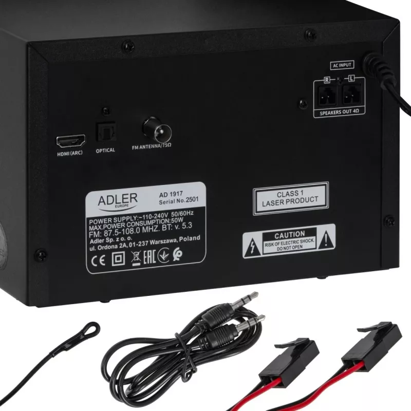Mini Hi‑Fi Stereo System Adler AD 1917 — Bluetooth V5.3, CD/USB/MP3, 2×25W RMS, FM tuner, 4‑band EQ, AUX, Black