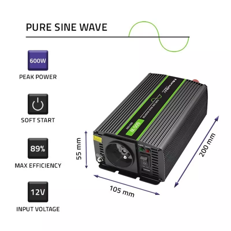 Qoltec Monolith power adapter inverter Auto 600 W 12 V