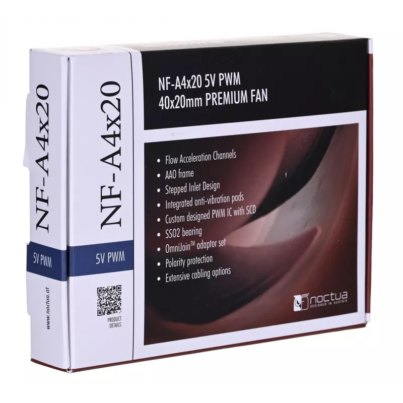 Noctua fan NF-A4X20 5V PWM — 40×20 mm, 5 V, 4-pin PWM, 1100–5000 RPM, 9.4 m³/h