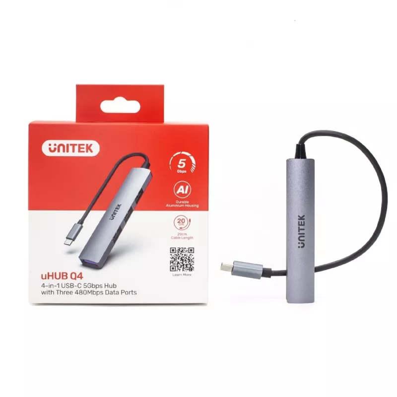 USB-C hub Unitek H1208B — 1x USB-A 5 Gbps, 3x USB-A 2.0, USB-C host, aluminium housing, 0.20 m cable