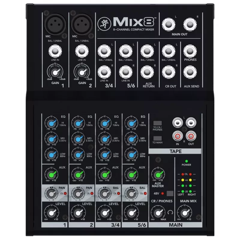 Mixer Mackie Mix8 — 8-channel compact analog mixer, 20–30000 Hz, 3800 Ω mic input, 198×244×53 mm