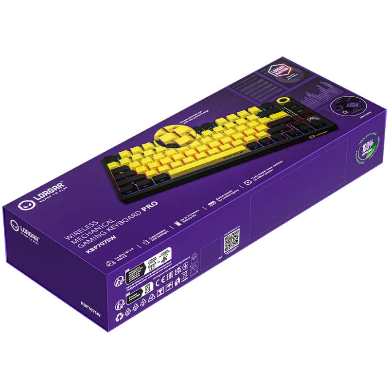Wireless mechanical gaming keyboard LORGAR KBP7075W — Black/Yellow, EN layout