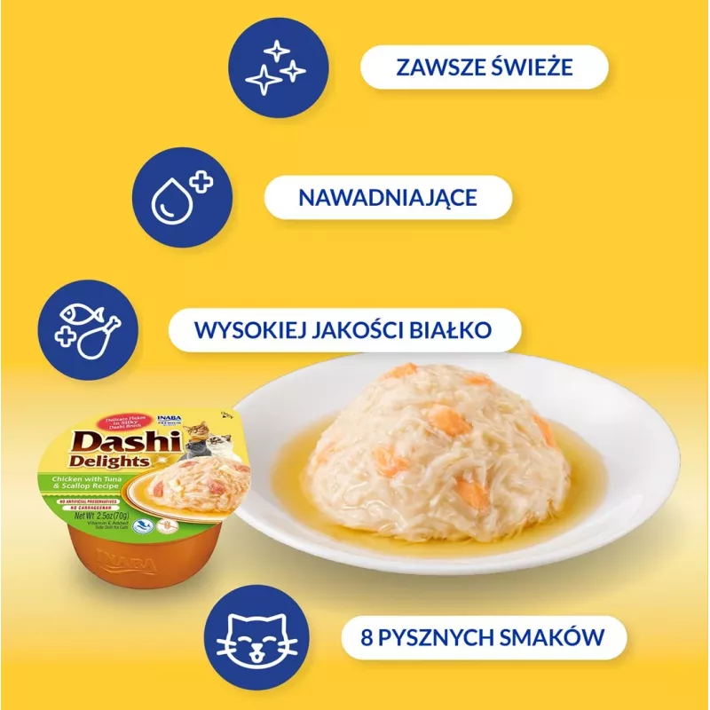 Cat treat INABA Dashi Delights chicken, tuna & scallop bouillon 70 g — wet cat treat, 88% moisture, 11% protein
