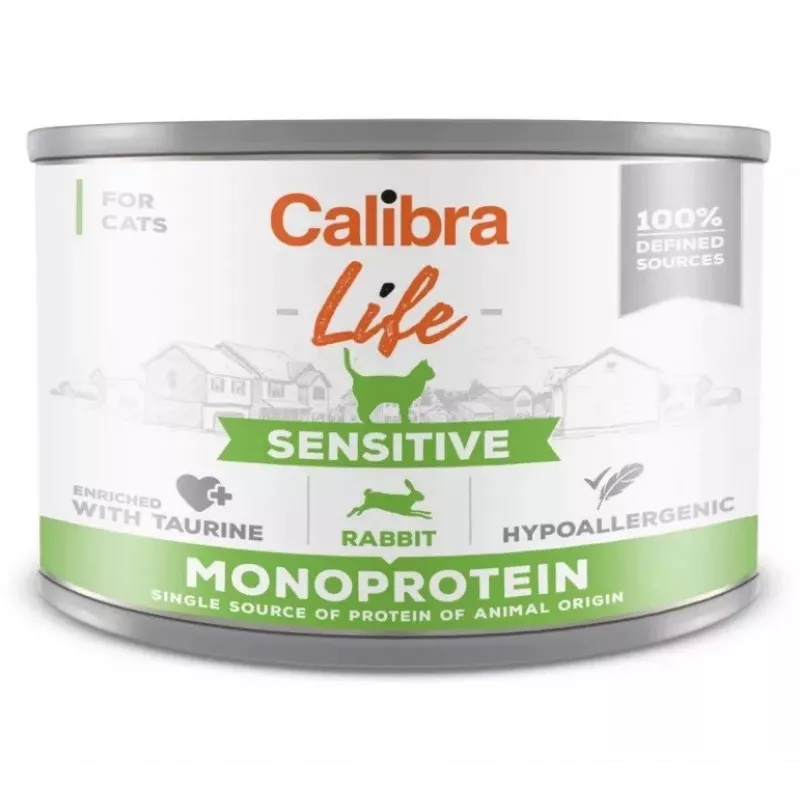 Wet cat food Calibra Cat Life Sensitive Rabbit 200 g can, adult, complete feed, gluten-free, sugar-free