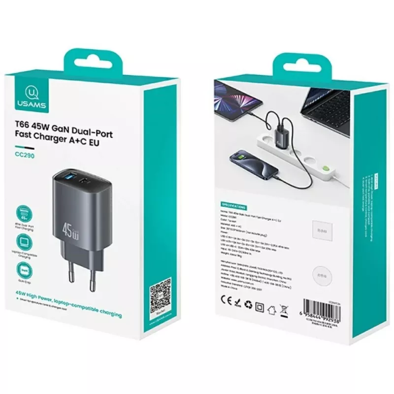 Charger T66 45W GaN CC290 USB-A + USB-C