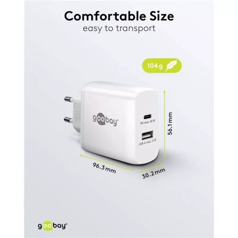 USB-C Dual-Fast Charger, PD, GaN, 65 Watt (White, 1x USB-C, 1x USB-A, Power Delivery)