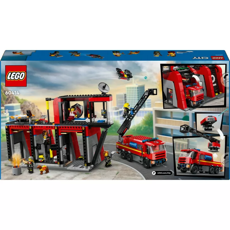 Construction Toy LEGO City Fire Station with Turntable Ladder Vehicle 60414 — 843 pieces, 5 minifigures, 220×320×140 mm