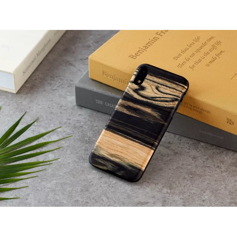 Phone case man and wood for iPhone XR — white ebony black wooden back, protective shell