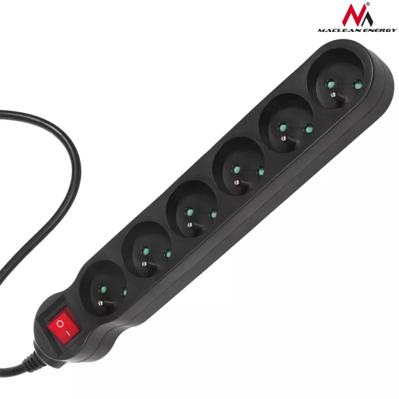 Power extension MACLEAN MCE225 — 1.5 m cable, 6 Type F AC outlets, indoor, black
