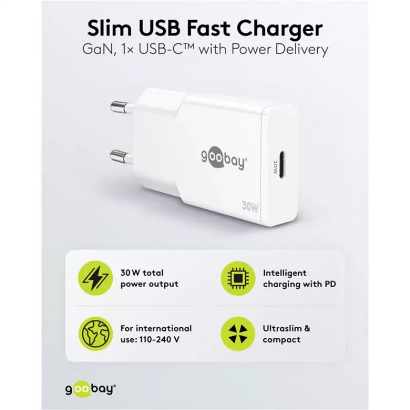 USB-C PD GaN Fast Charger Slim (30 W) (White)