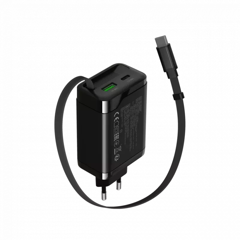Charger CANYON OnCharge 65RC with built-in USB-C cable, 65W, 1x PD, 1x QC, EU plug, Black
