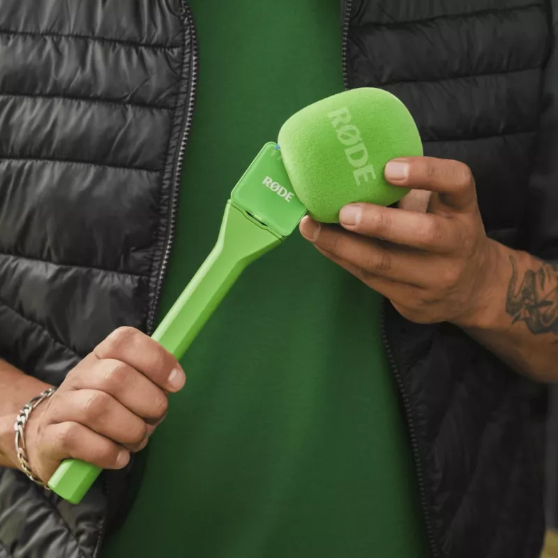 Rode Interview GO handheld interview microphone — compact wired mic, green