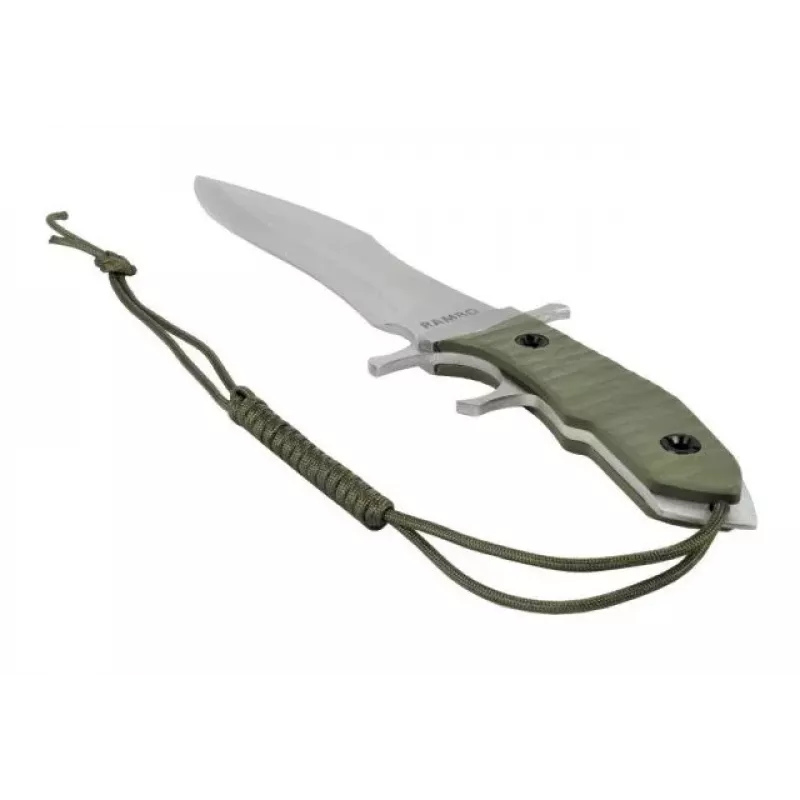 Fixed knife cinema classic CC-H5 Rambo V — Survival knife, steel blade 230 mm, overall length 385 mm, polymer green handle, leather sheath